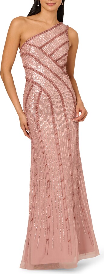 Beaded One-Shoulder Mesh Gown