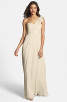 Thumbnail for your product : Amsale Illusion Shoulder Crinkled Silk Chiffon Dress