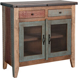International Furniture Direct Antique Multicolor Multicolor Server 2 Drawers, 2 Mesh Doors