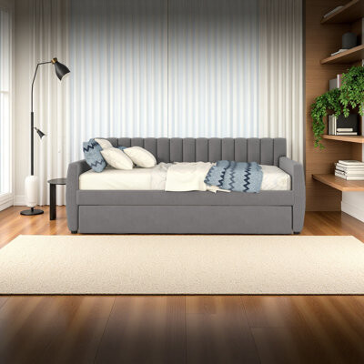 Full Size Upholstered Daybed With Trundle And Wood Slat Support