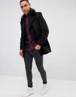 French Connection Double Breasted Wool Rich Pea Coat With Faux Fur Collar