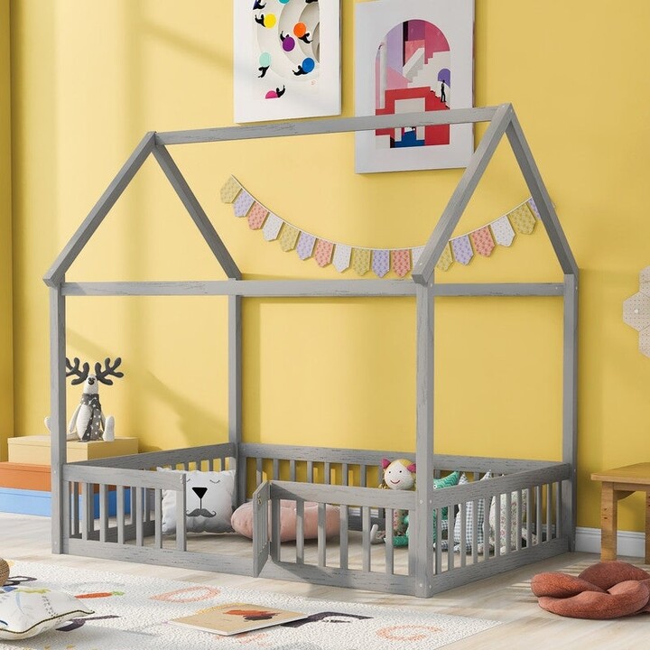 NOVABASA Full Size Wooden House Bed with Fence and Door ShopStyle