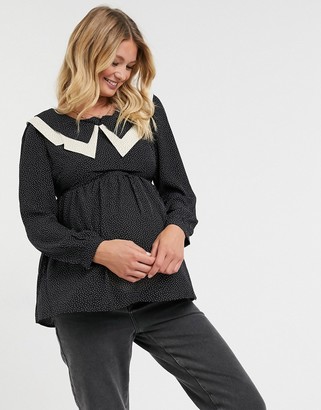 Mama Licious Mamalicious Maternity peplum blouse with exaggerated collar in black spot