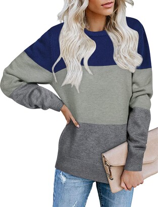 STYLEWORD Womens Long Sleeve Colour Block Warm Jumpers Knitted Casual Loose  Crew Neck Pullover Ladies Striped Knitwear Thick Sweaters Top(Apricot &  Orange - ShopStyle