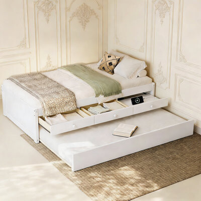 Latitude Run Solid Wood Platform Bed with Trundle 2 Drawers and Integrated Power Strip for Space-Saving and Convenience