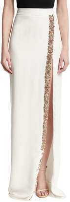 Monique Lhuillier Beaded Front-Slit Maxi Skirt, White