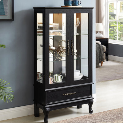 Red Barrel Studio 2 Door Wine Curio Cabinet With Integrated Lighting Adjustable Shelves Black Finish Mirrored Back And Vintage Handles - Add Style To Your Home Light