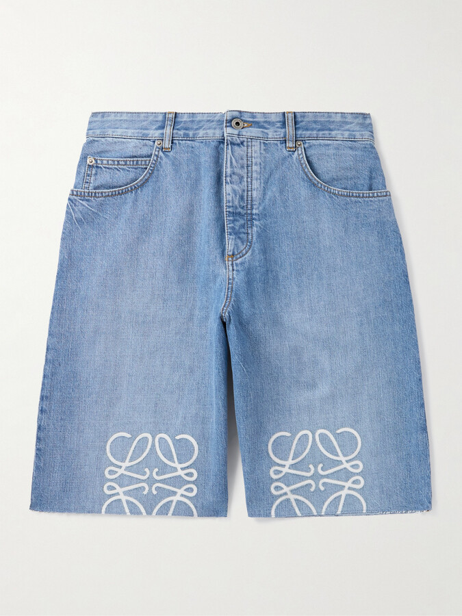 Loewe Anagram Straight-Leg Logo-Appliquéd Frayed Denim Shorts