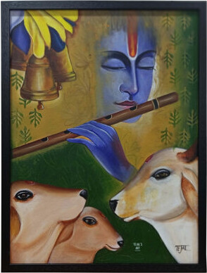 Exotic India Divine Krishna With Cows | Acrylic On Canvas | By Tejal Modi | With Frame