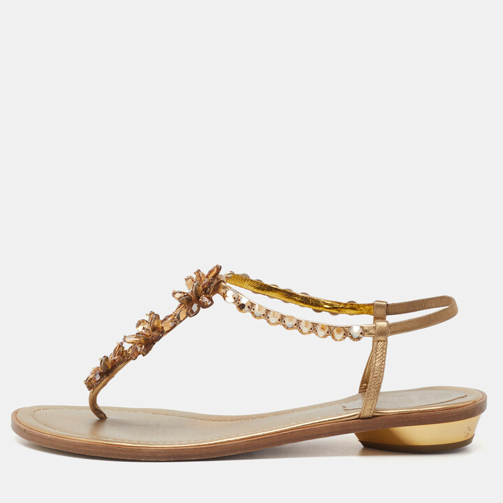 Rene Caovilla Gold Leather Crystals Embellished Thong Flats Size 38