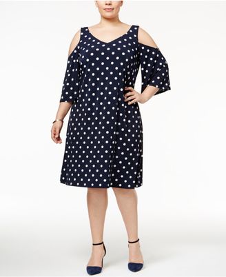 Connected Plus Size Cold-Shoulder Polka-Dot Shift Dress