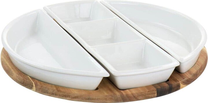 Gibson Elite 14.4 in. L x 14.4 in. W x 2 in. H 3-Compartment White Gracious Dining Sectional Tray with Wood Base (Set of 4)