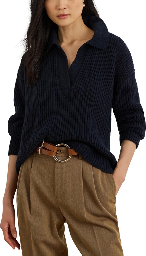 Rib Wool Blend Johnny Collar Sweater
