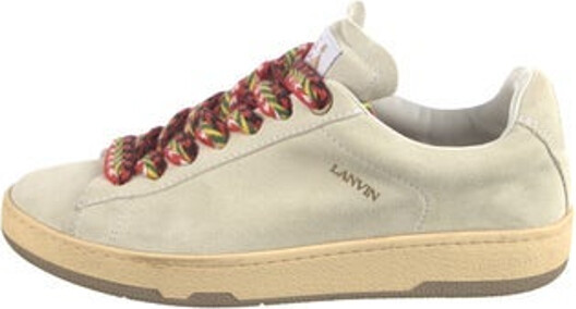 Lanvin Suede Low Top Sneakers Neutrals & Yellow Round-Toes Platform Lace-Up Closure at Uppers Includes Box & Additional Laces