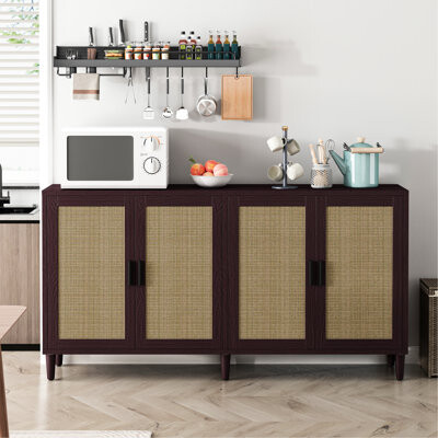 George Oliver Carino Sideboard Cabinet With Adjustable Shelves And Solid Wood Handles, Strong Organizer Four Decorative Doors, Shelves, Easy Assembly