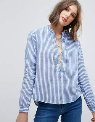Pepe Jeans Lace Up Front Stripe Blouse