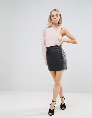 ASOS Petite Pussy Bow One Shoulder Balloon Sleeve