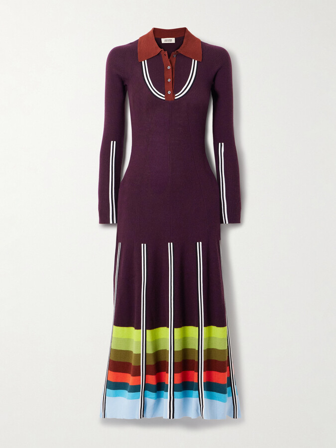 Christopher John Rogers Striped Ribbed Wool-blend Maxi Dress - Burgundy