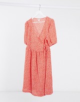 Thumbnail for your product : Monki Yoana recycled polyester floral print puff short sleeve tie wrap dress in red