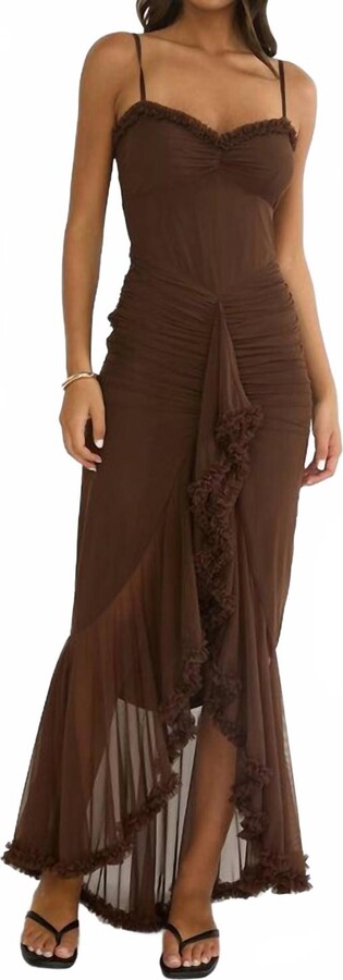 Blue Blush Gathered Waist Frill Trim Maxi Dress In Chocolate