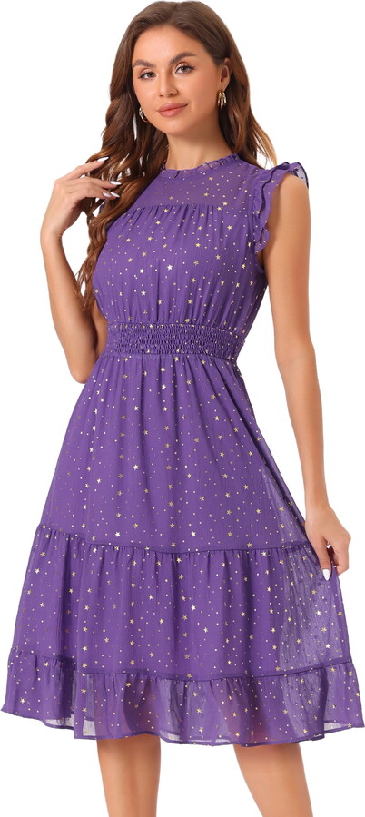 DARING DIVA Smocked Waist Gilding Metallic Stars Chiffon Dress L Purple