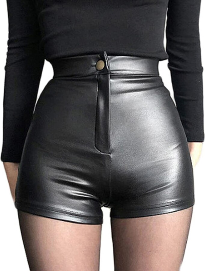 FEESHOW Plus Size Women Black Shinny Leather Fishnet Tight Booty Shorts  Padded Hot Pants Clubwear Black XXL - ShopStyle