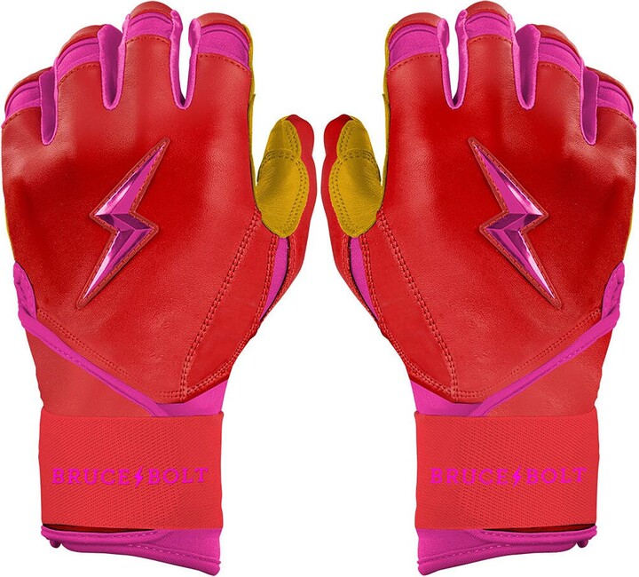 Bruce Bolt Men's Bader Series Long Cuff Gold Palm Batting Gloves, Medium, Pink/Red