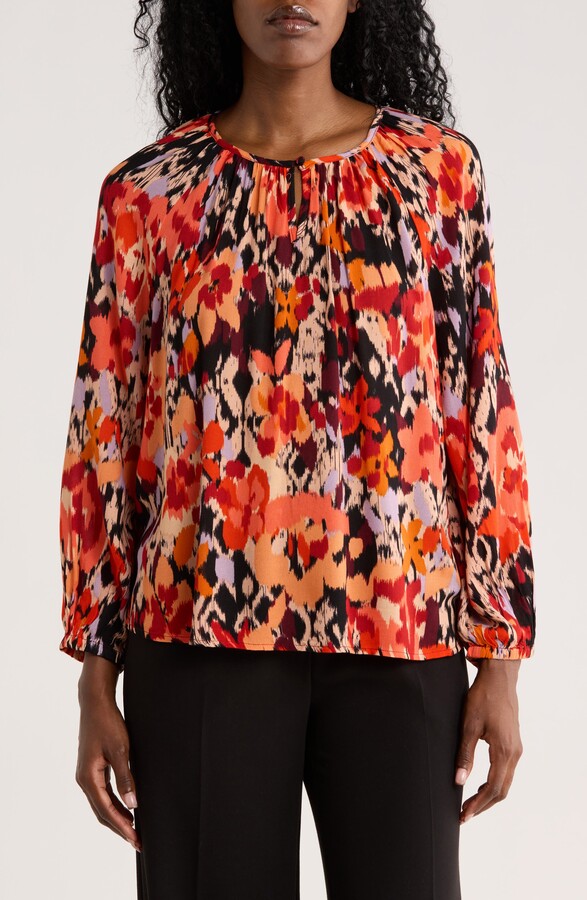 Liverpool Floral Long Sleeve Shirred Woven Top