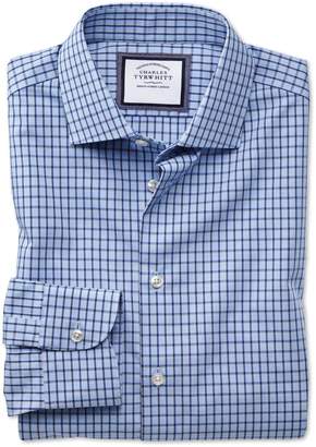 Charles Tyrwhitt Slim Fit Semi-Cutaway Non-Iron Business Casual Sky Blue and Navy Check Cotton Formal Shirt Single Cuff Size 16/36