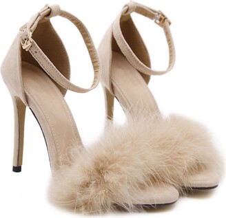 YIBLBOX Women's Fluffy Feather Open Toe Ankle Strap Strappy Sandal Stiletto Wedding Dress High Heel Shoes