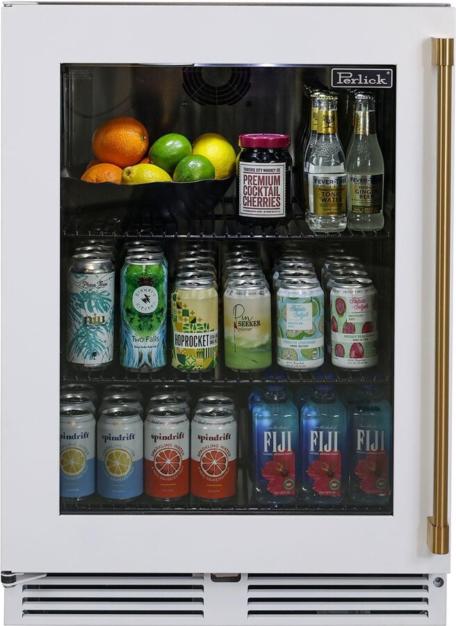 Perlick 24 Inch 5.2 Cu. Ft. Signature Series Stainless Steel Glass Door Outdoor Refrigerator w/ Factory Installed Matte White Glass Door