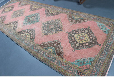 Bungalow Rose Vintage Turkish Wool Rug in Antique Pink for Bohemian Entryway and Oriental Handmade Hallway Decor