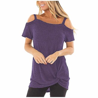Beetlenew Women's T-Shirt Sexy Cold Shoulder Twisted Tops Summer Casual Loose Solid Color Tee Shirts for Lady Short Sleeve Off Shoulder Front Twist Knot Tops Blouse Tunics Night Out Clothes Purple
