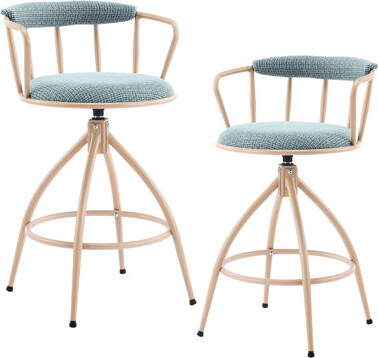Trent Austin Design Blue Chenille & Khaki Metal Bar Stools - Modern Industrial Swivel Stools For Casual Dining Setups