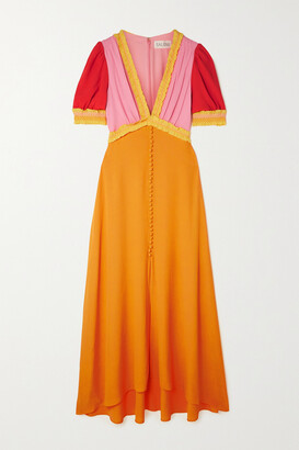 Saloni Lea Ruffled Smocked Color-block Crepe Maxi Dress - Yellow