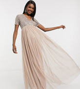 Thumbnail for your product : Maya Maternity Bridesmaid v neck maxi tulle dress with tonal delicate sequins in taupe blush