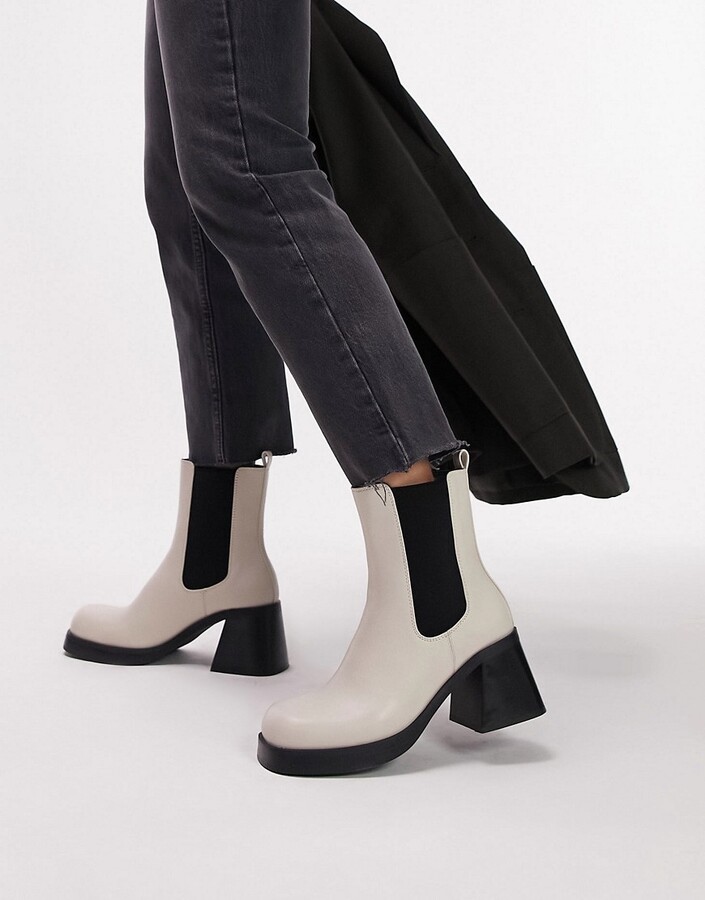Topshop Bay square toe heeled chelsea boots in off white - ShopStyle