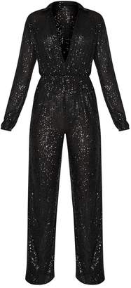 PrettyLittleThing Black Sequin Collar Detail Long Sleeve Jumpsuit