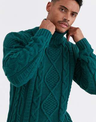 ASOS Design DESIGN heavyweight cable knit roll neck jumper in green