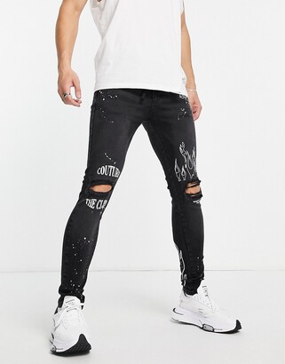 The Couture Club slim jeans in black with knee rips and embroidery -  ShopStyle