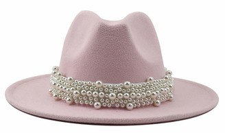 GEMVIE Women's Vintage Pearl Band Fedora Hat Classic Wide Brim Trilby Panama Hat Jazz Cap US 7 3/8 Pink