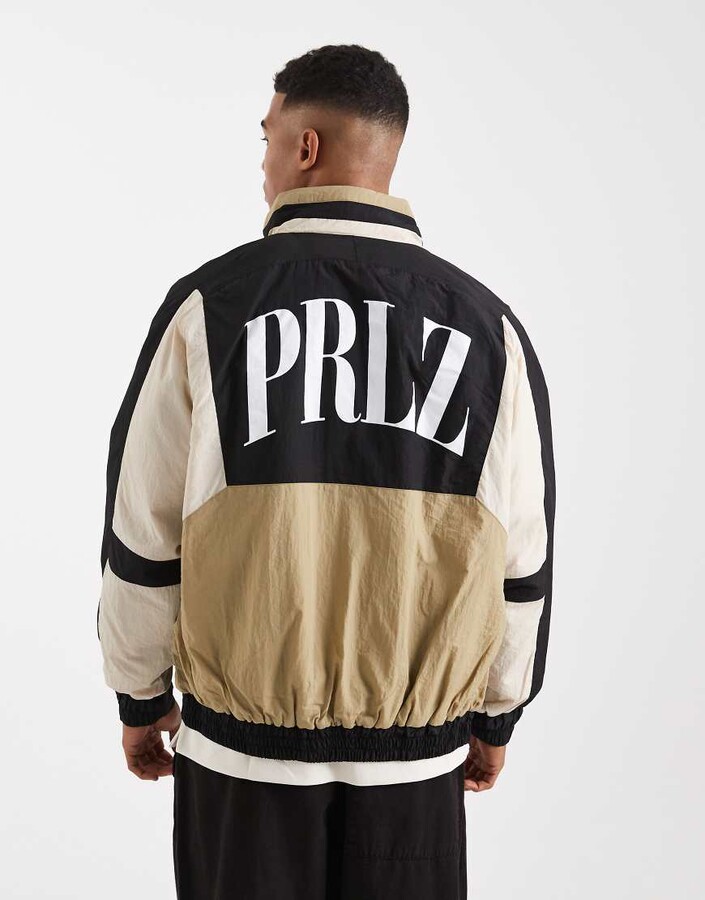 Parlez zip up shell jacket with logo back print in black and beige
