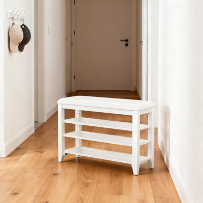 Hokku Designs Shoe Storage Bench With Leather Cushion - 3-Tier Adjustable Shelves Entryway Organizer For Hallways, Mudrooms And Front Entrances