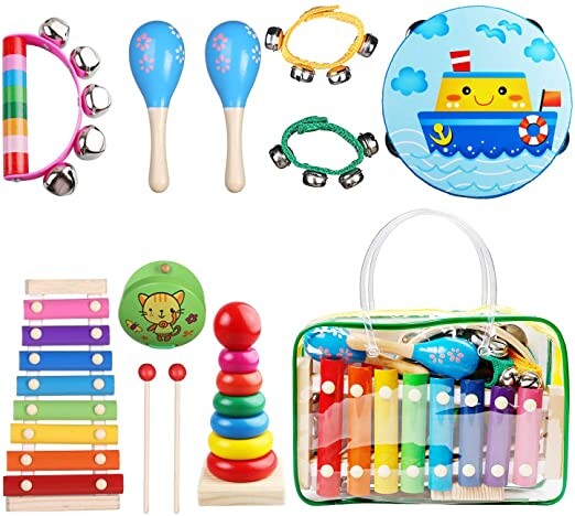 Childom Kids Musical Instruments Musical Instruments Wood Xylophone for Kids Children, Child Wooden Music Shakers Percussion Instruments Tambourine Birthday Gifts Present with Carrying Bag