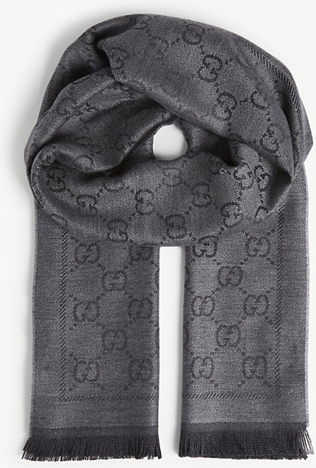 Womens Grey Black Gg Pattern Wool Scarf