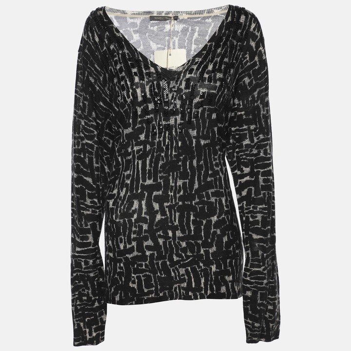 Marina Rinaldi Black/Off White Stretch Knit Scoop Neck Sweater L