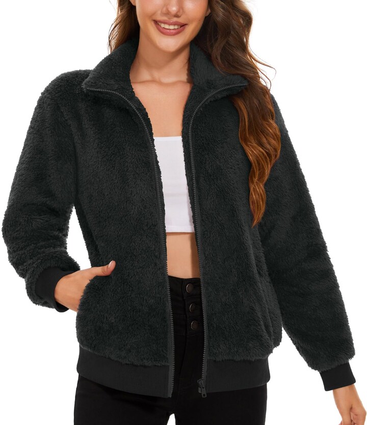 Anyally Womens Fuzzy Fleece Pullover Stand Collar Sherpa Sweatshirt Zip Up  Shacket Jacket With Pockets，3XL Black - ShopStyle