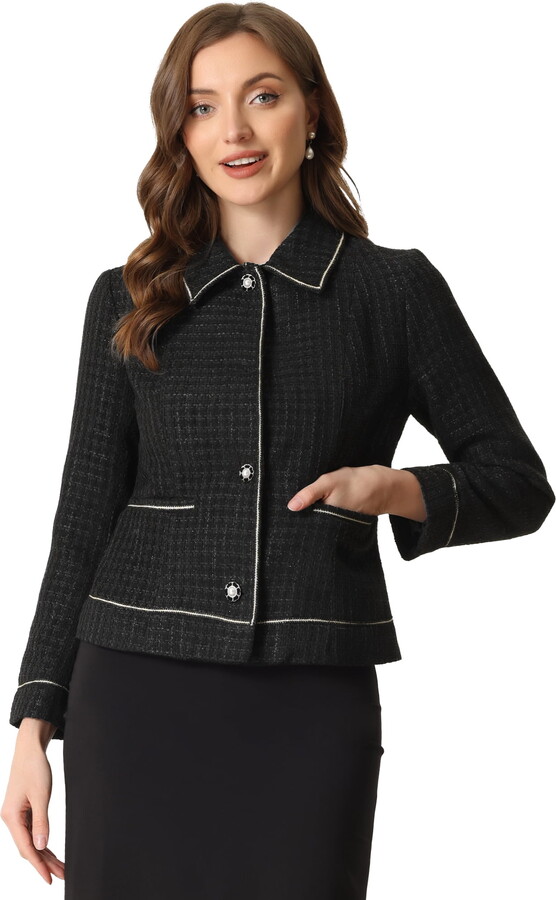 Unique Bargains Women’s Pearl Button Contrast Trim Coats Fashion Jackets S Black