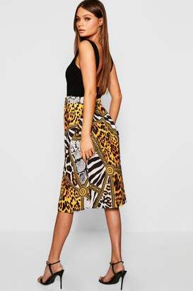 boohoo Mixed Animal Print Wrap Midi Skirt