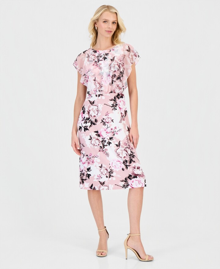 Connected Women's Floral-Print Flutter-Sleeve Midi Dress